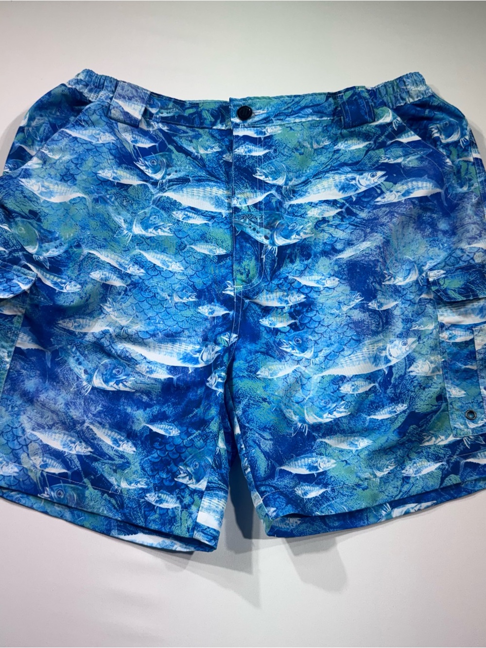 REEL LEGENDS Men's Board Shorts/Swim Trunks, Blue/Green, Fish Pattern, Large